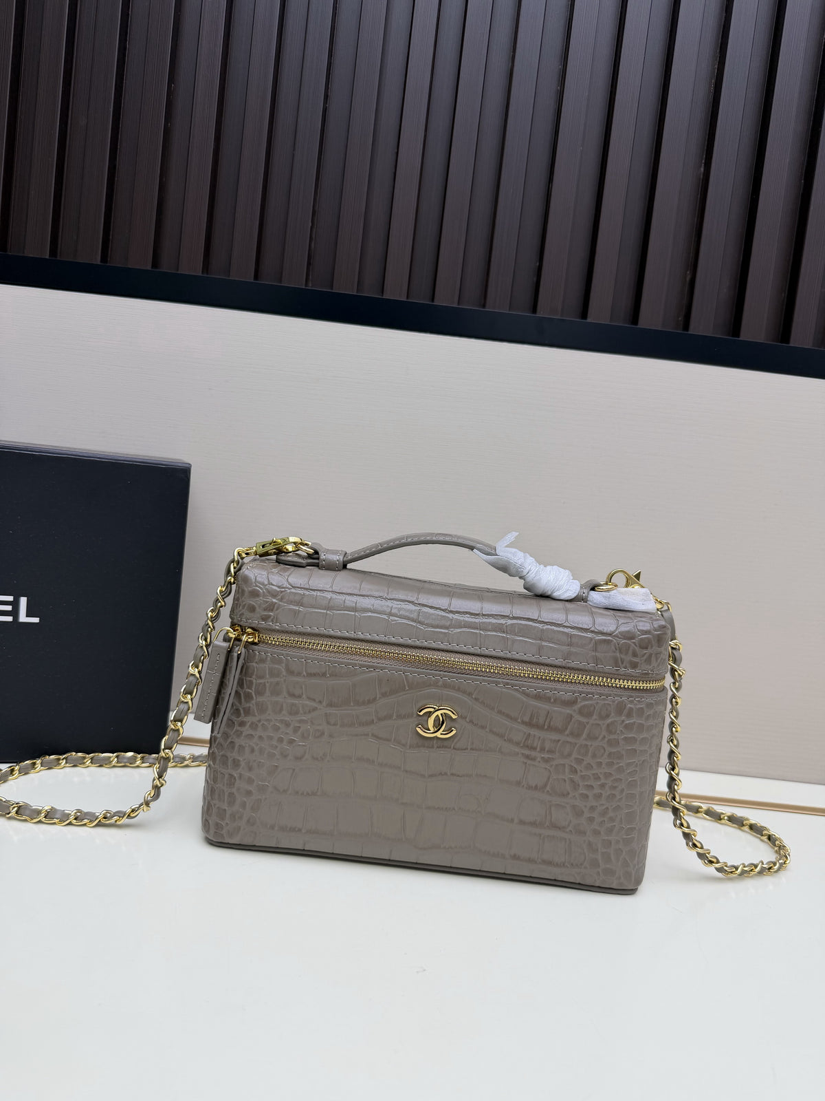 Chanel Gray Croc-Embossed Top-Handle Chain Bag