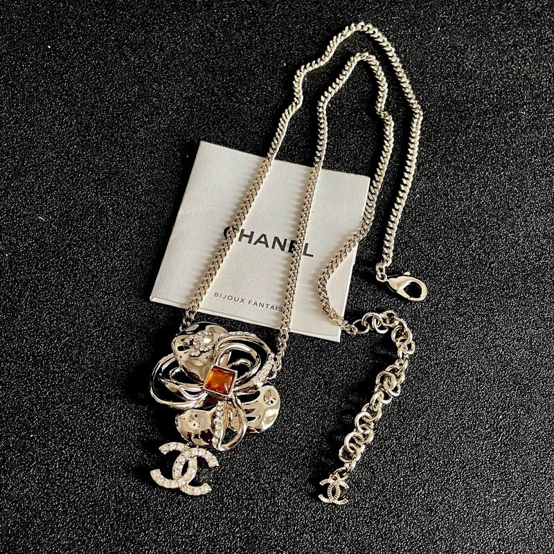 Chanel Camellia Pendant Necklace with Crystal Accents