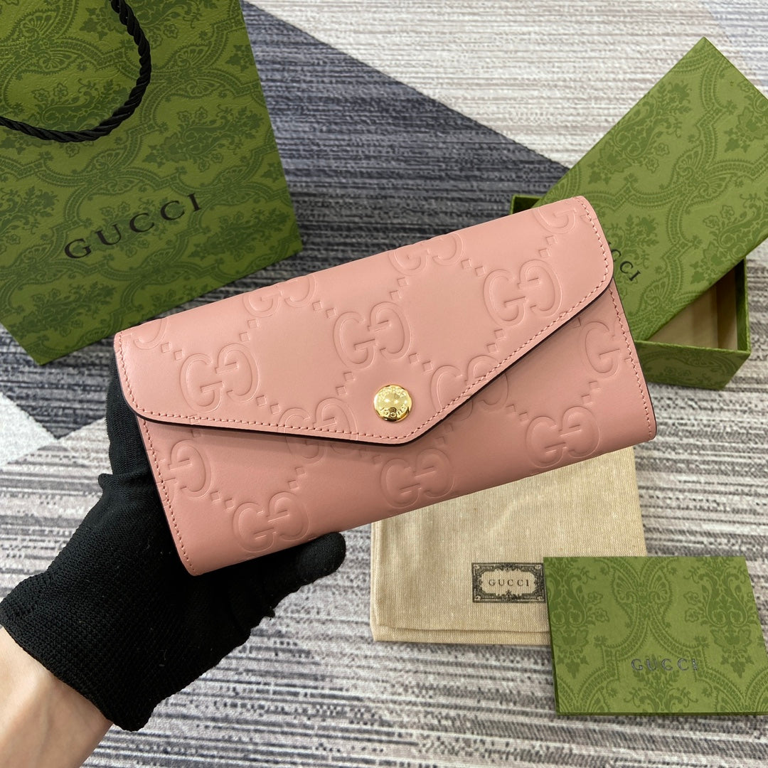GUCCI CONTINENTAL WALLET 19 IN PINK EMBOSSED CALFSKIN GOLD HARDWARE