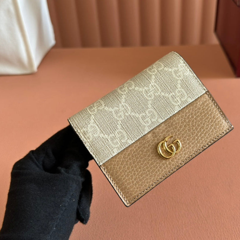 GUCCI MARMONT BI-COLOUR CARD CASE WALLET 11 IN BEIGE EBONY  CANVAS BROWN CALFSKIN